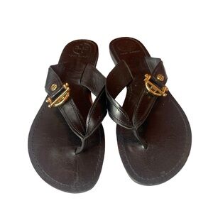 Tory Burch Womens 9 Thong Sandals Gold Logo Black Leather Flip Flop Shoes